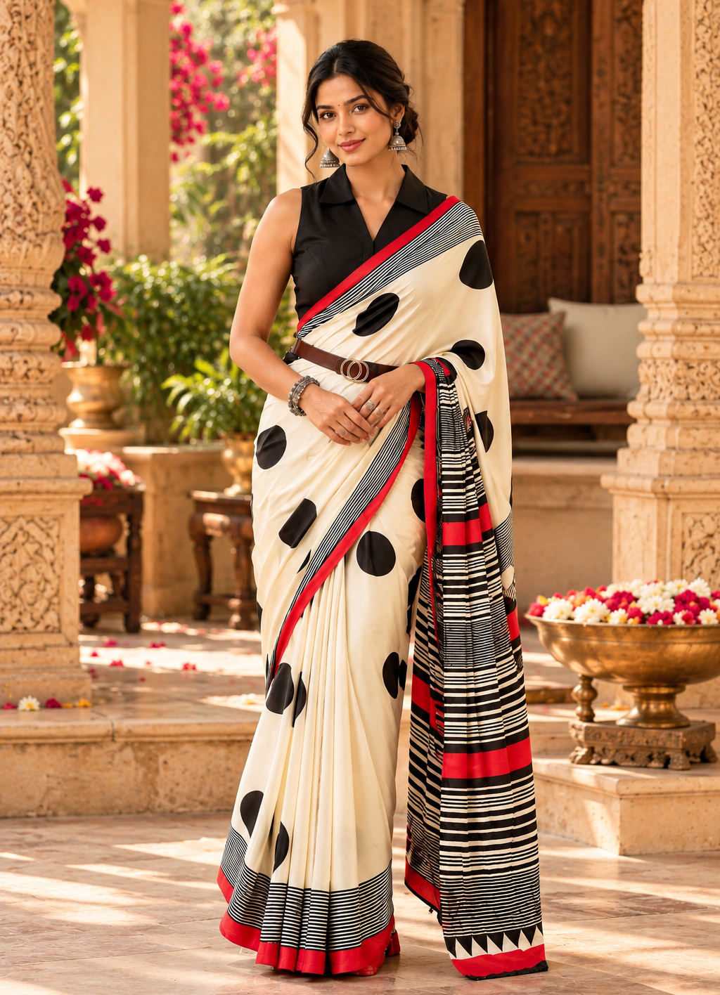 Original Gaji Silk Ajrakh Print Saree With Unstitched Blouse(White)