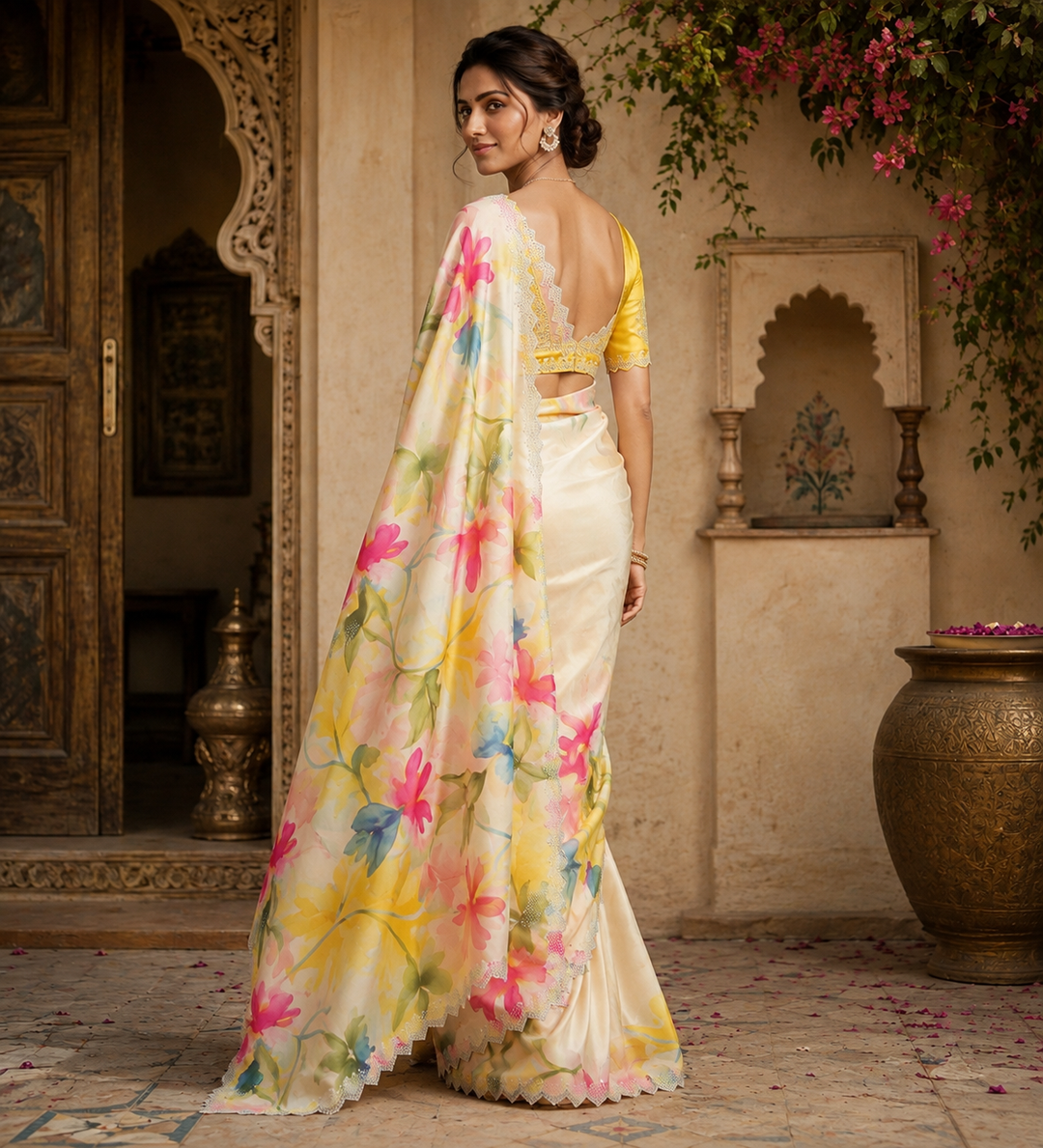 Pure Maheshwari Silk Diamond Cut Work With Unstitched Blouse(Yellow)