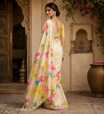 Load image into Gallery viewer, Pure Maheshwari Silk Diamond Cut Work With Unstitched Blouse(Yellow)
