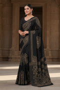 Premium  Gajji Silk Heavy Mirror Work Saree With Unstitched Blouse (Black)