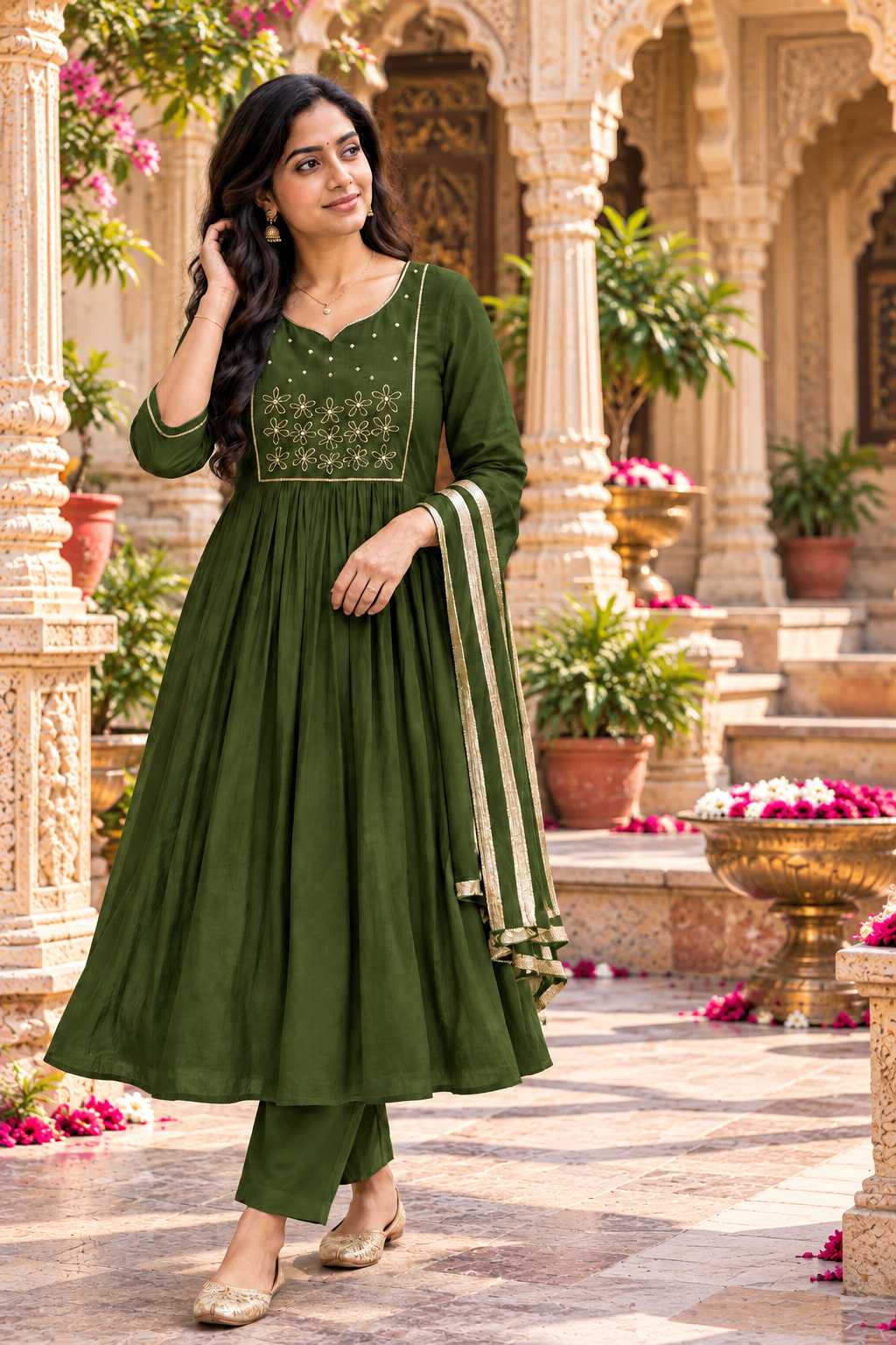 Chanderi Cotton Kurti Pant Set With Dupatta(Green)