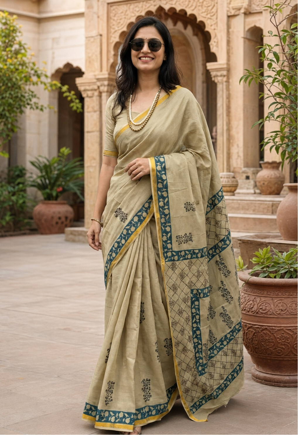 Soft Maslin Cotton Zari Border Traditional Hand Block Saree With Unstitched Blouse (Beige)