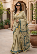 Soft Maslin Cotton Zari Border Traditional Hand Block Saree With Unstitched Blouse (Beige)