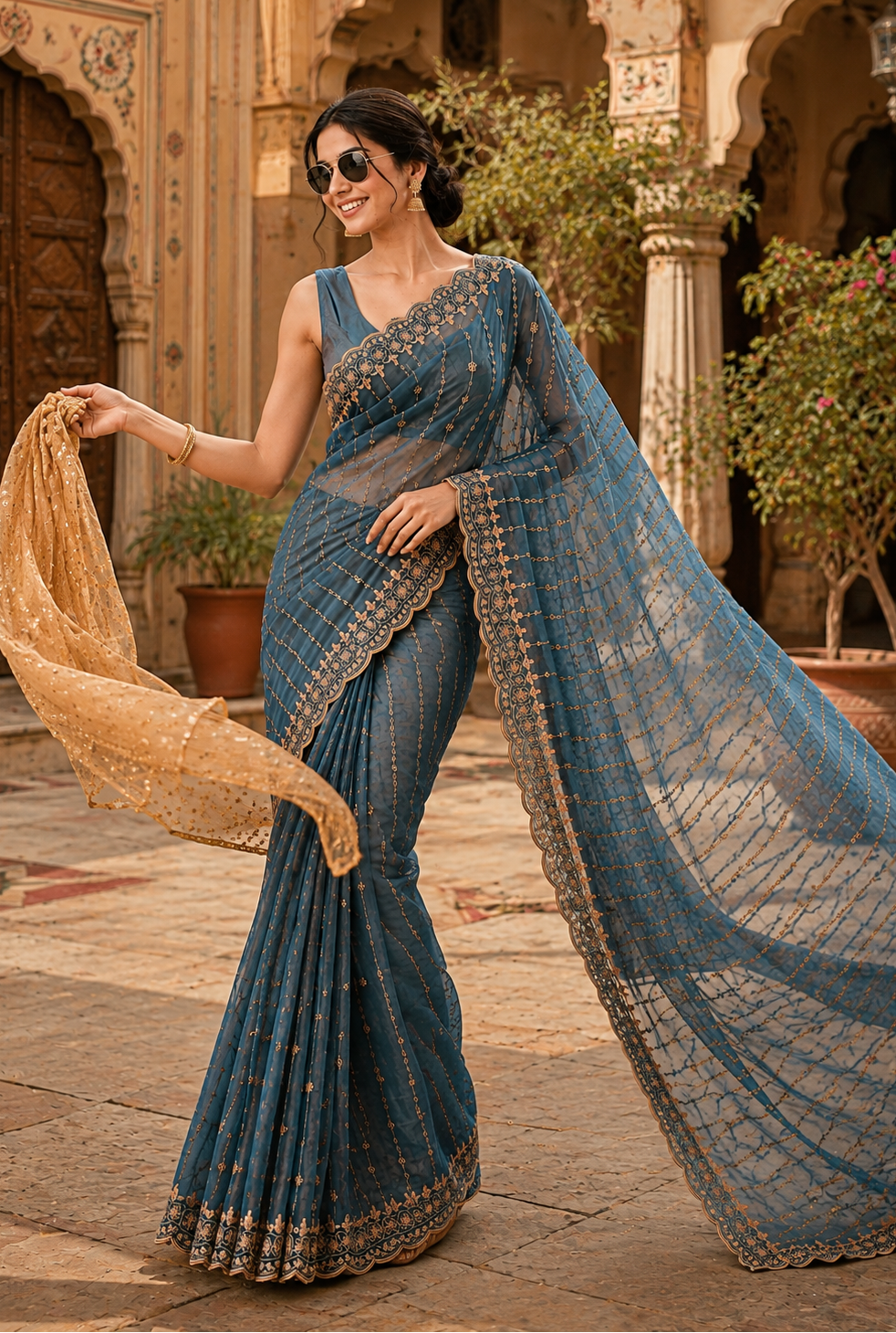 Moss Gold Shine Multi Sequence Emrodairy Work Saree With Unstitched Blouse (Blue)