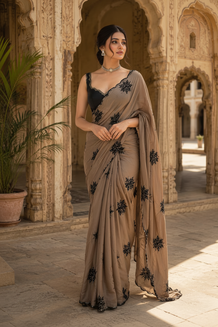 Rangoli Silk Embroidery Work Saree With Unstitched Blouse(Brown)