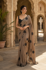 Load image into Gallery viewer, Rangoli Silk Embroidery Work Saree With Unstitched Blouse(Brown)
