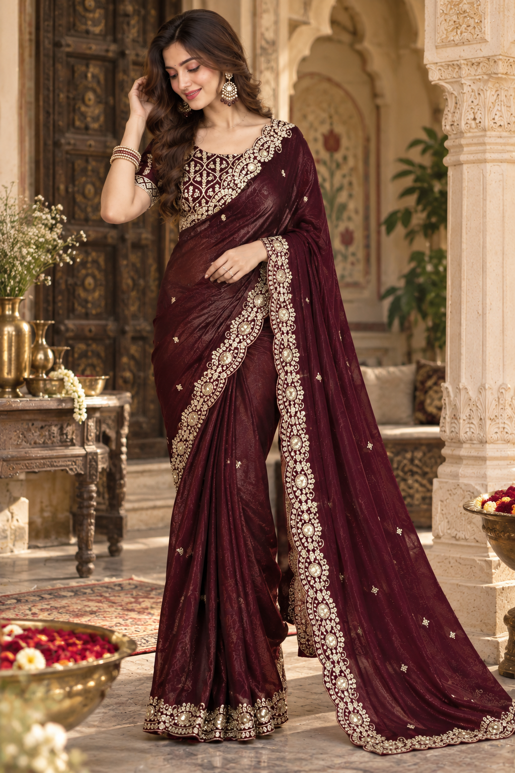 Satin Silk Embroidery Work Saree with Unstitched Blouse(Dark Wine)