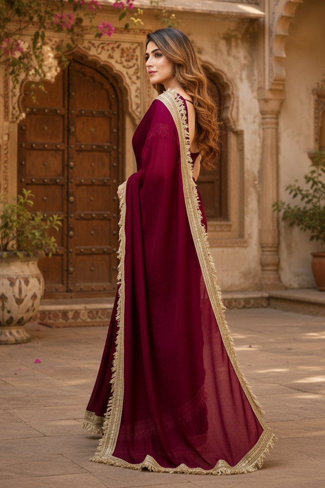 Georgette Lace Border Saree With Unstitched Blouse(Red)