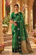 Pure Silk Zari Border Ikat Saree With Unstitched Blouse(Green)