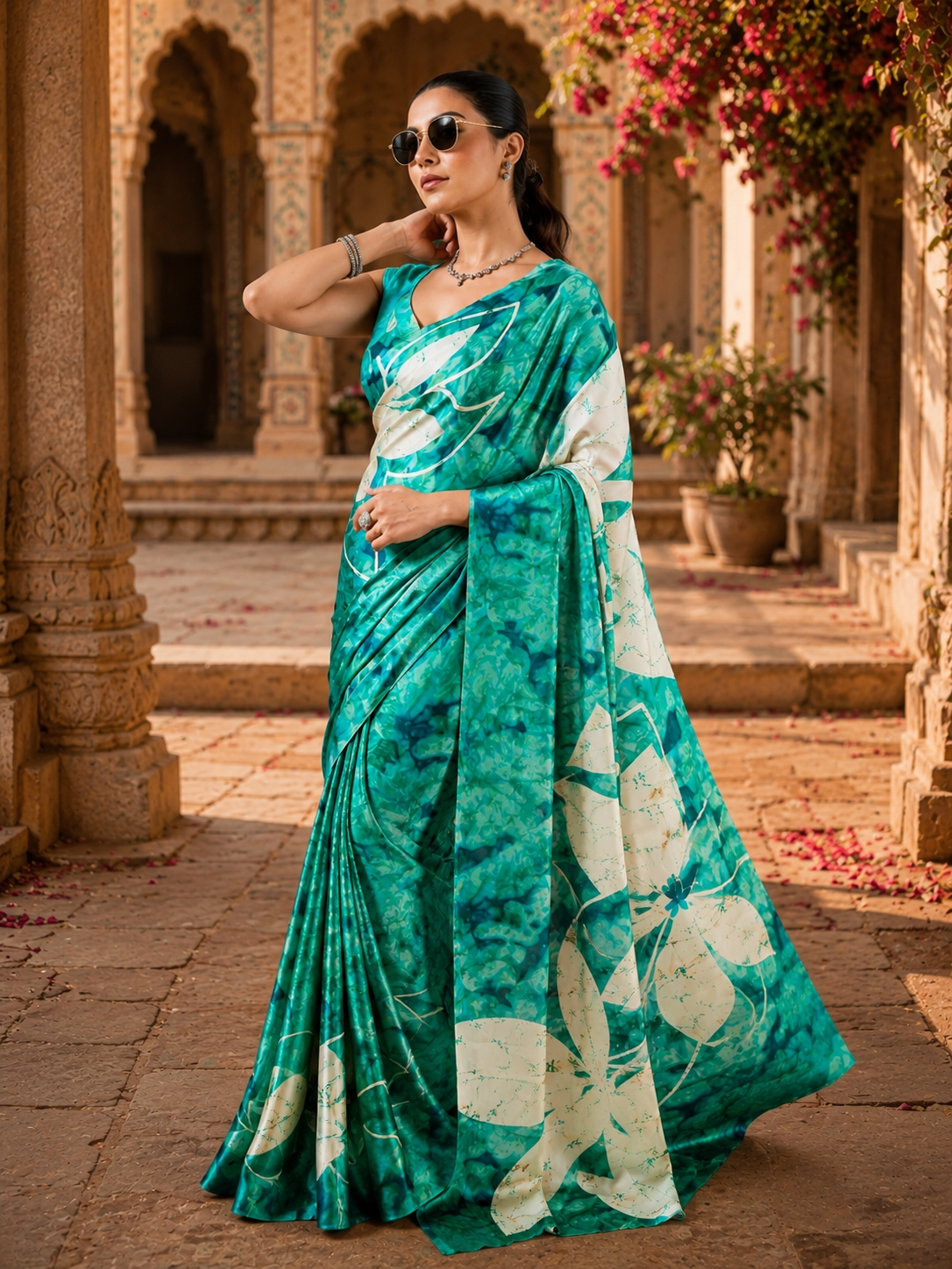 Satin Silk Ajrakh Printed Saree With Unstitched Blouse(Green)