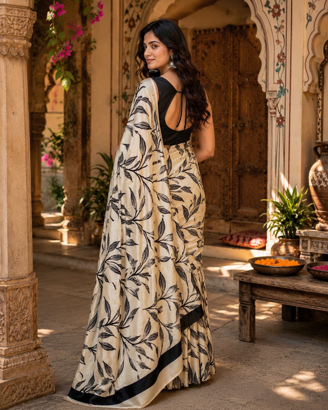 Satin silk printed saree with unstitched blouse(white)