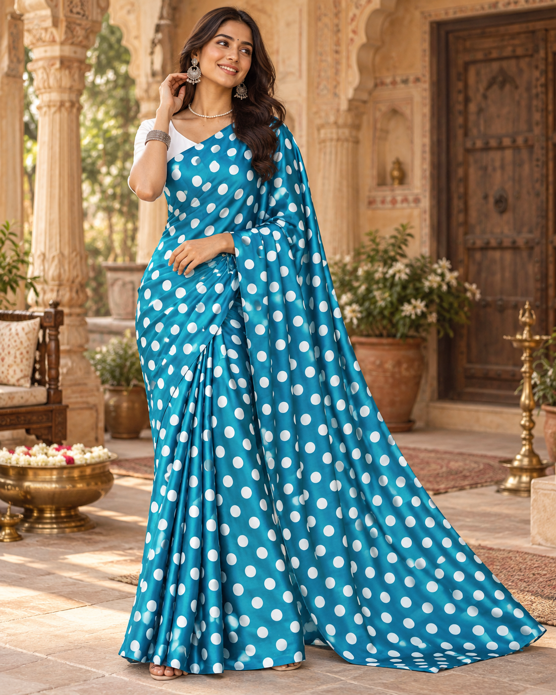 Satin Silk Printed Saree With Unstitched Blouse(Sky)