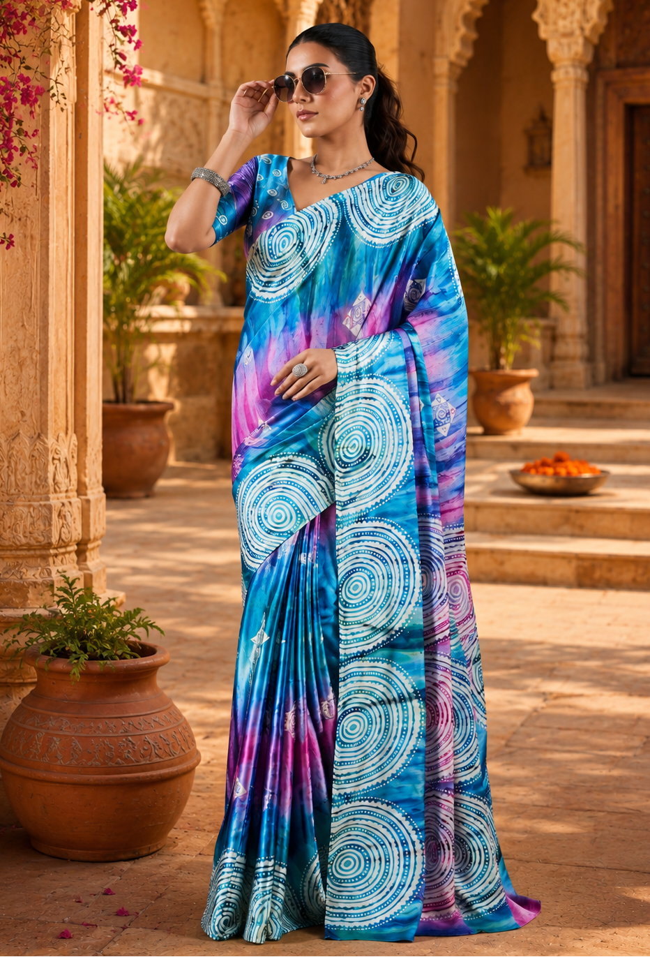 Satin Silk Ajrakh Printed Saree With Unstitched Blouse(SkyBlue)