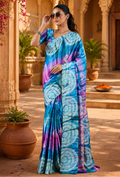 Satin Silk Ajrakh Printed Saree With Unstitched Blouse(SkyBlue)