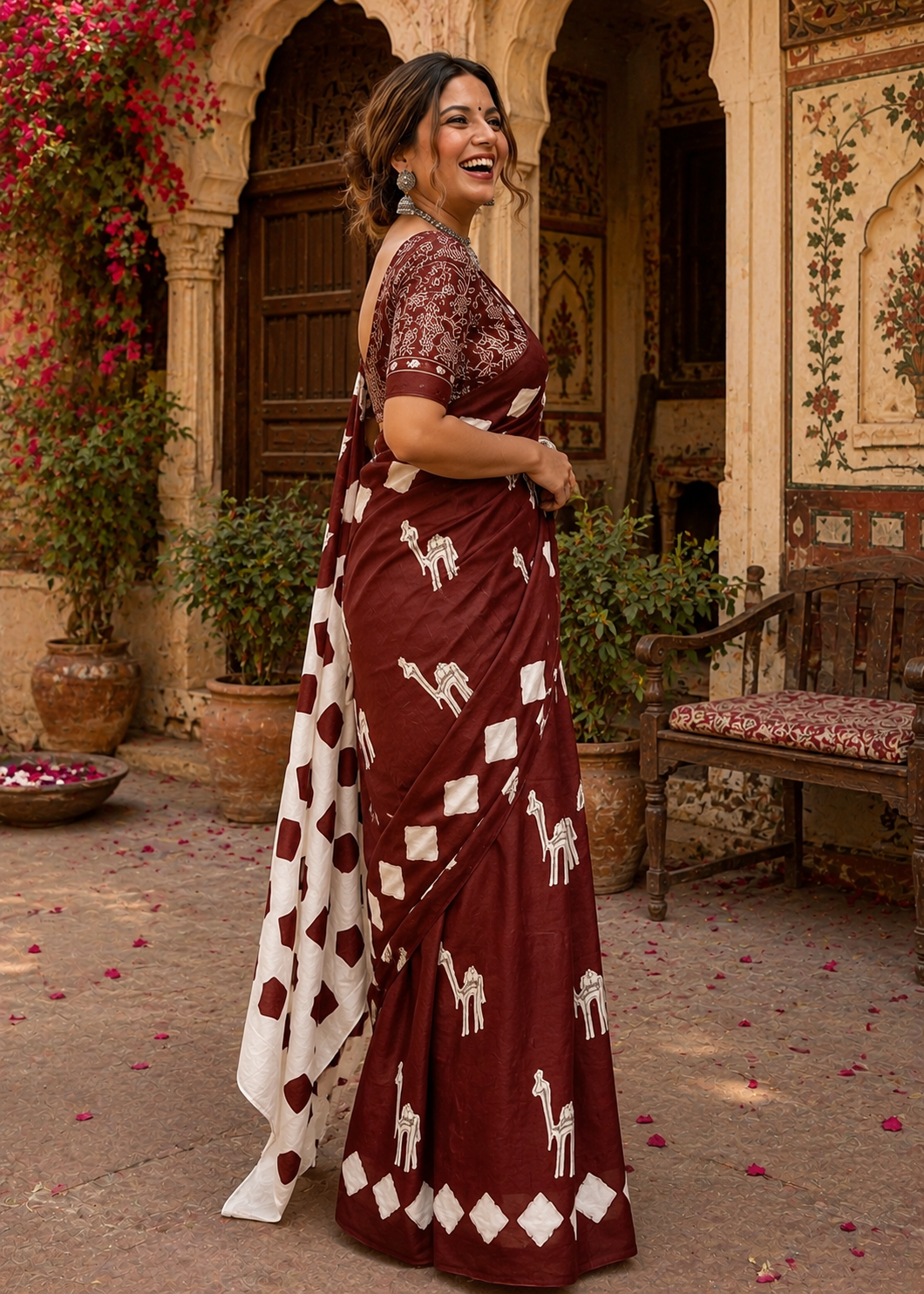 Soft Pure Cotton Printed Saree With Unstitched Blouse(Coffee)