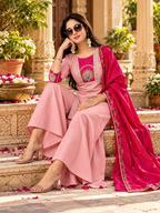 Roman Silk Anarkali Kurti Pant Set With Dupatta(Pink)