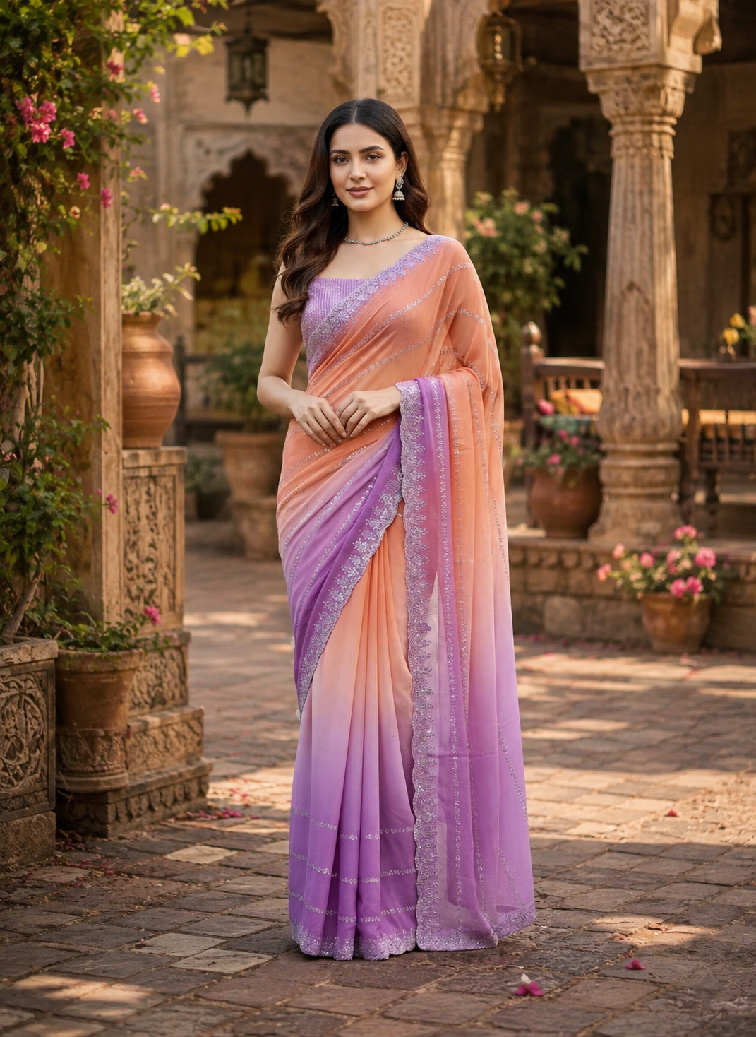 Georgette Swarovski Printed Saree With Unstitched Blouse(Orange)