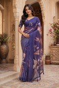 Linen Printed Saree With Unstitched Blouse(Violet)