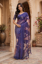 Linen Printed Saree With Unstitched Blouse(Violet)