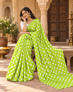 Satin Silk Printed Saree With Unstitched Blouse(Green)