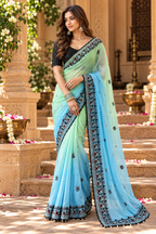 Crush Silk Embroidery Sequin Work Saree With Unstitched Blouse(Sky)