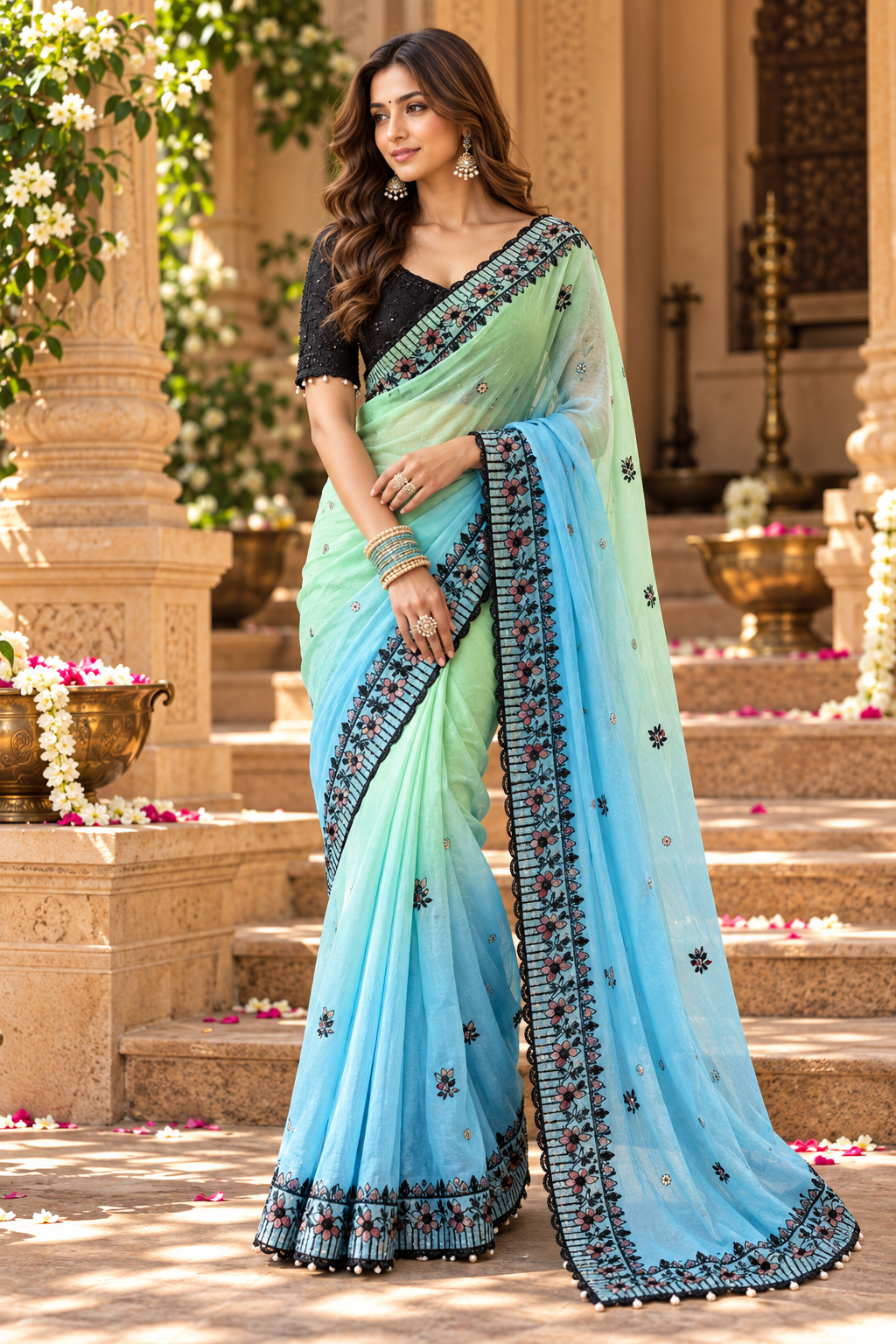 Crush Silk Embroidery Sequin Work Saree With Unstitched Blouse(Sky)