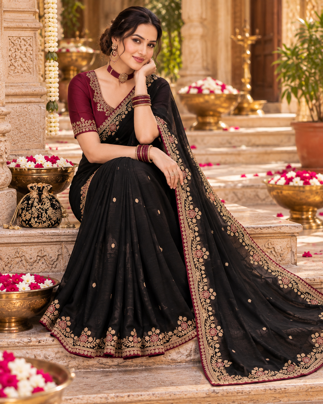Premium Georgette Embroidery Work Saree With Unstitched Blouse(Black)
