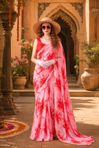 Satin Silk Floral Print Saree With Unstitched Blouse(Red)