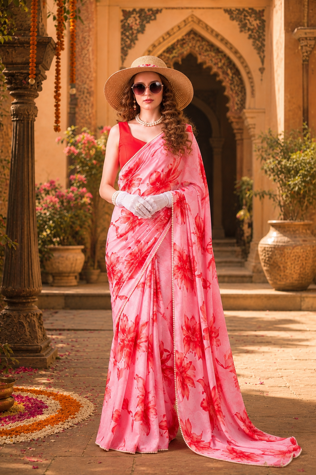Satin Silk Floral Print Saree With Unstitched Blouse(Red)