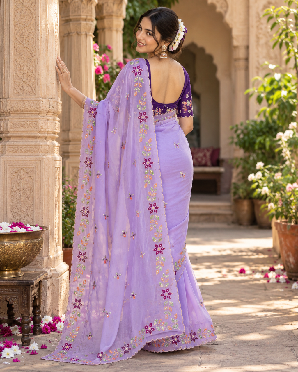 Rangoli Silk Embroidery Work Saree With Unstitched Blouse(Lavender)