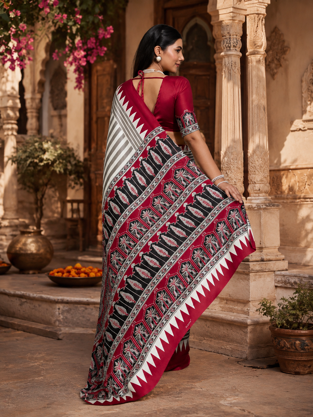 Satin Silk Ajrakh Print Saree with Unstitched Blouse(Red)