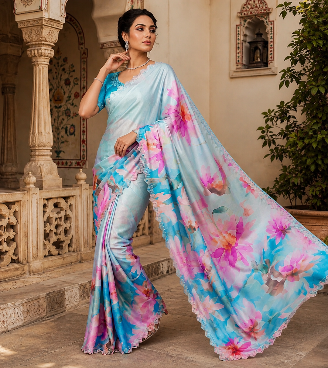 Pure Maheshwari Silk Diamond Cut Work With Unstitched Blouse(Sky)