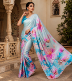 Load image into Gallery viewer, Pure Maheshwari Silk Diamond Cut Work With Unstitched Blouse(Sky)
