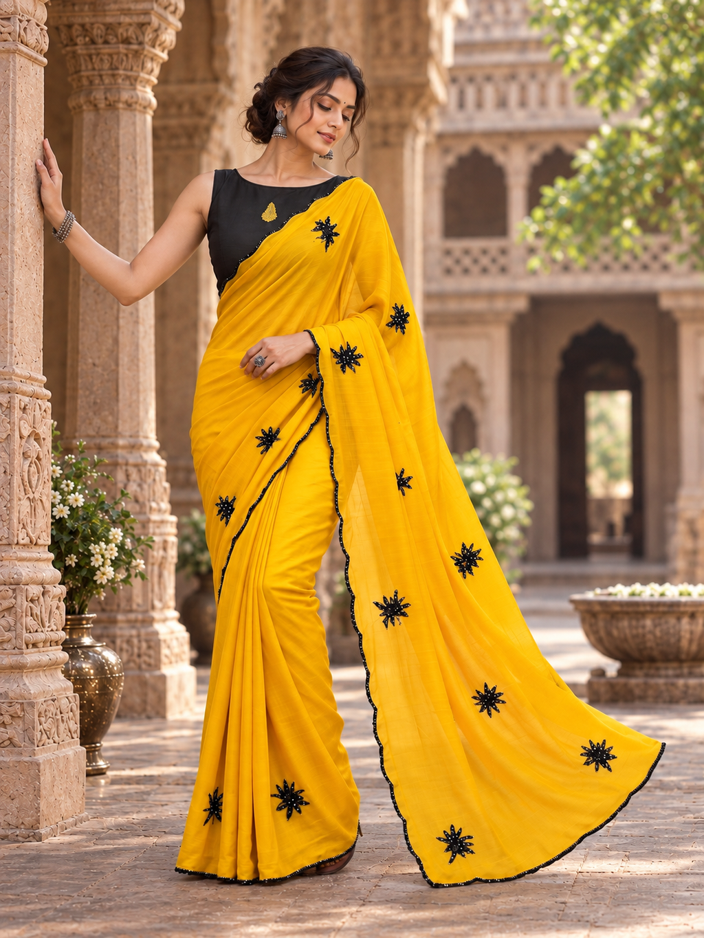 Georgette Sequins Work Saree With Unstitched Blouse(Yellow)