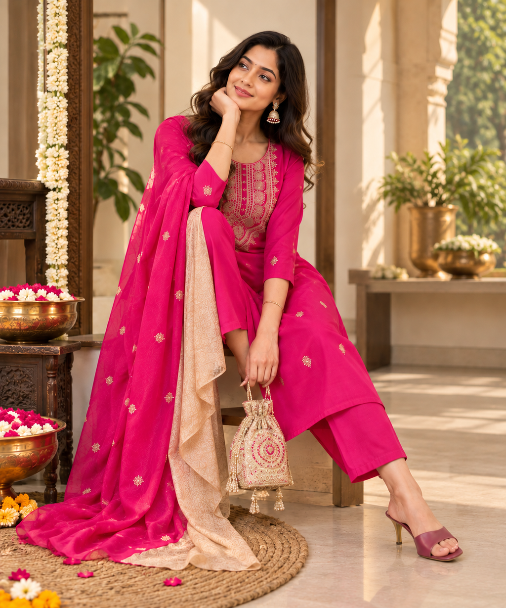 Roman Silk Kurti Pant With Dupatta Set(Pink)