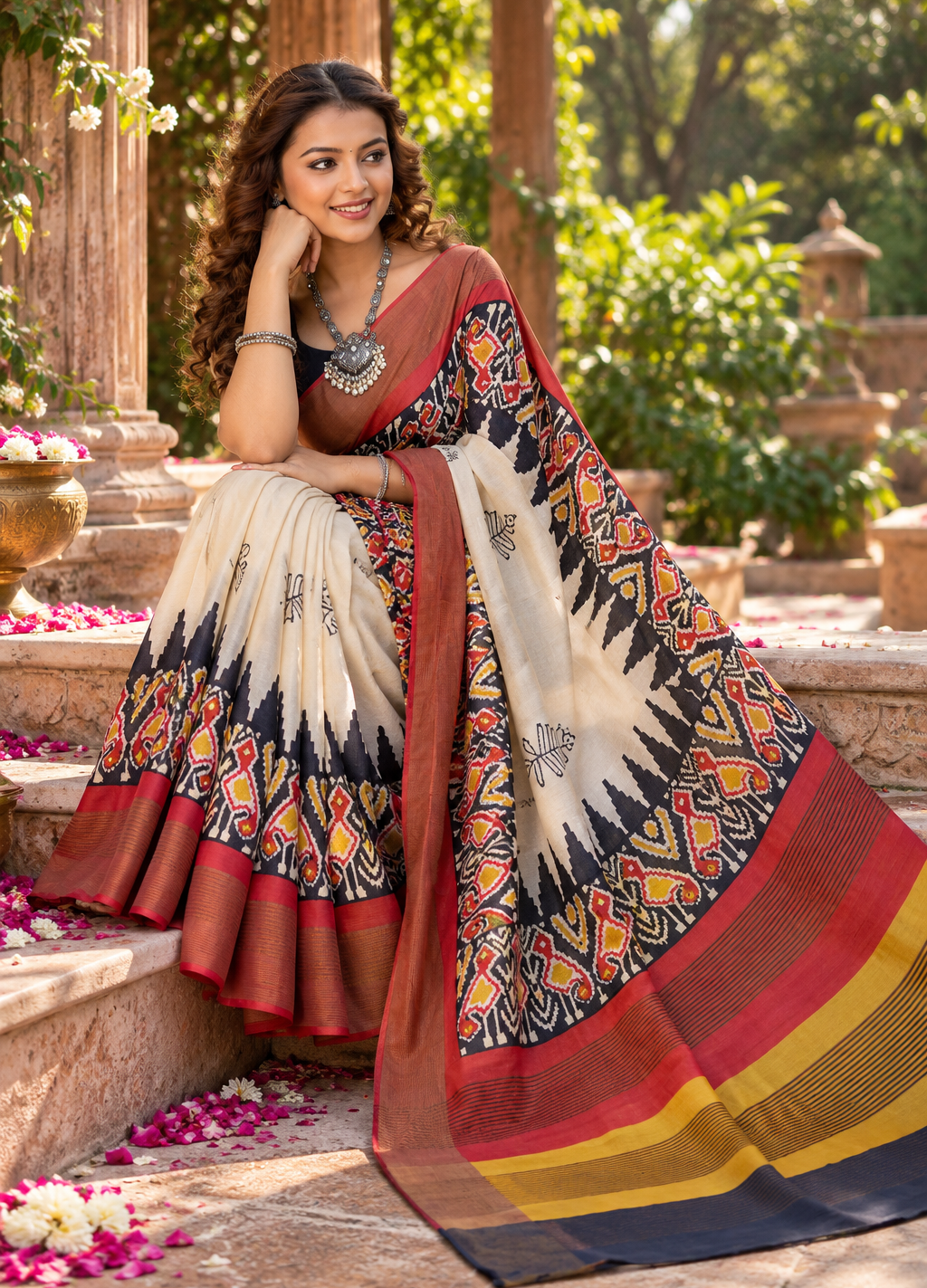 Tussar Silk Kalamkari Print Saree With Unstitched Blouse(White)
