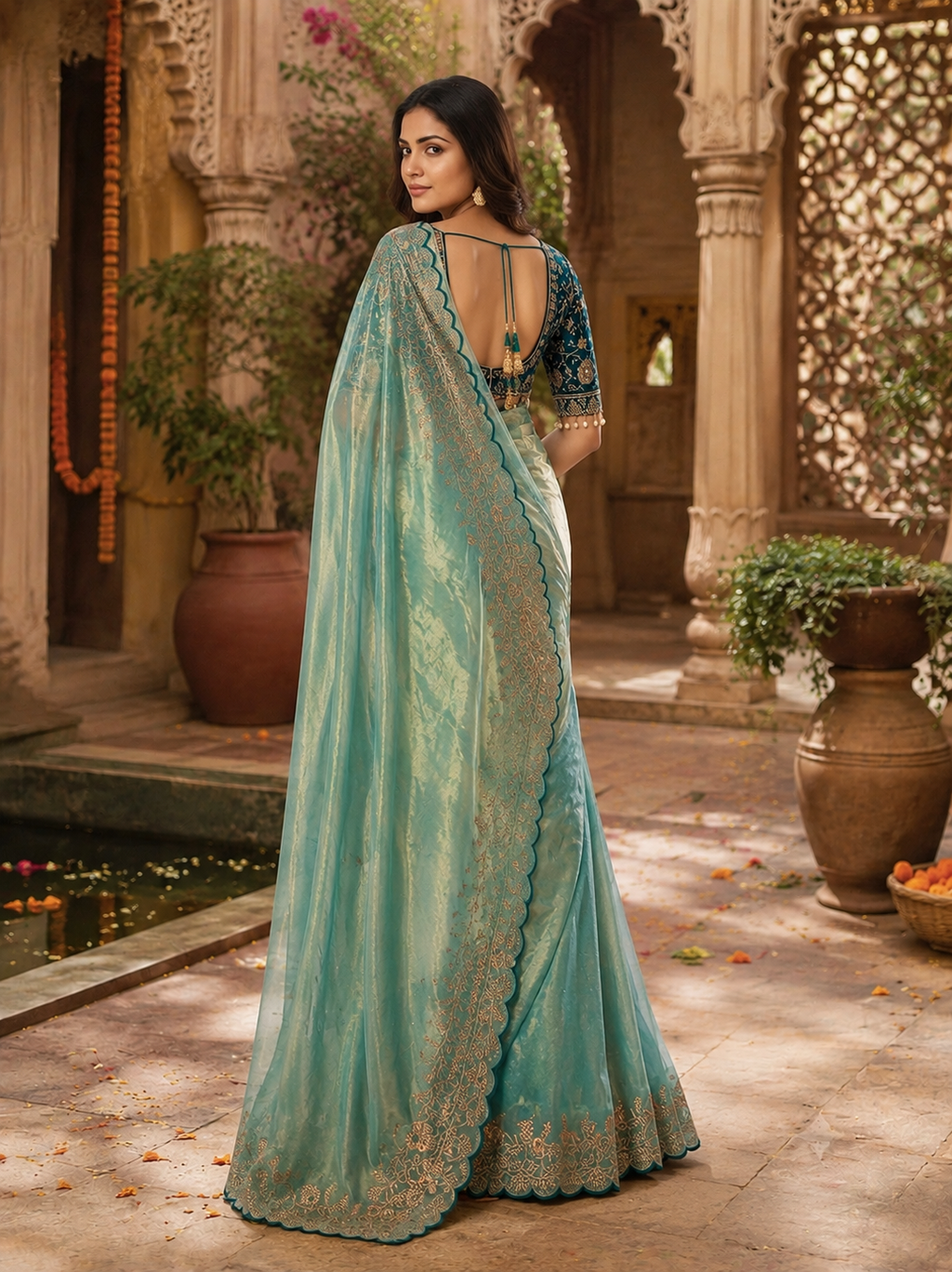 Satin Silk Embroidery Work Saree with Unstitched Blouse(Blue)