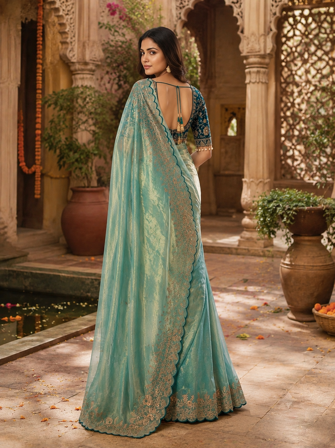 Satin Silk Embroidery Work Saree with Unstitched Blouse(Blue)