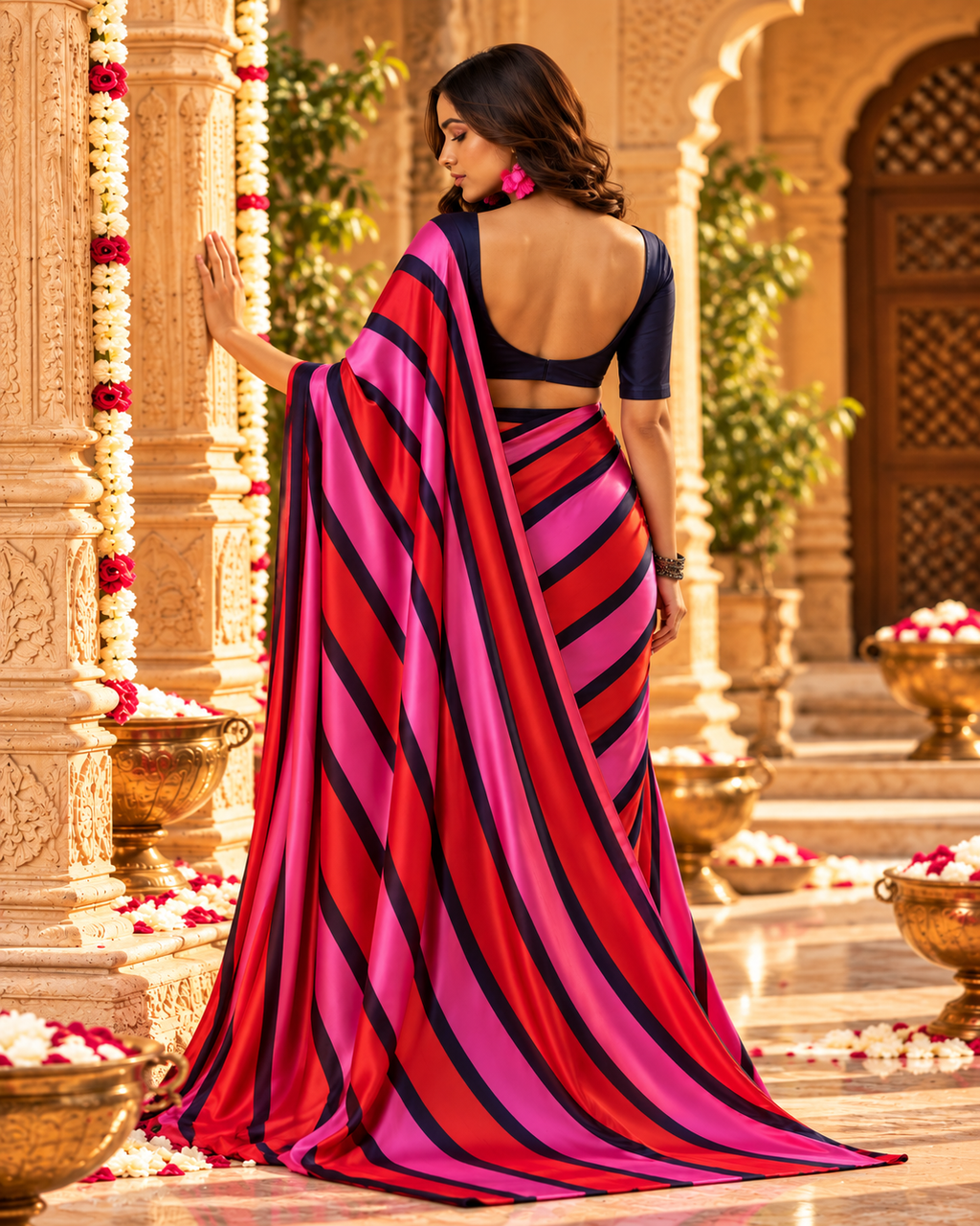 Satin Silk Printed Saree With Unstitched Blouse(Pink)