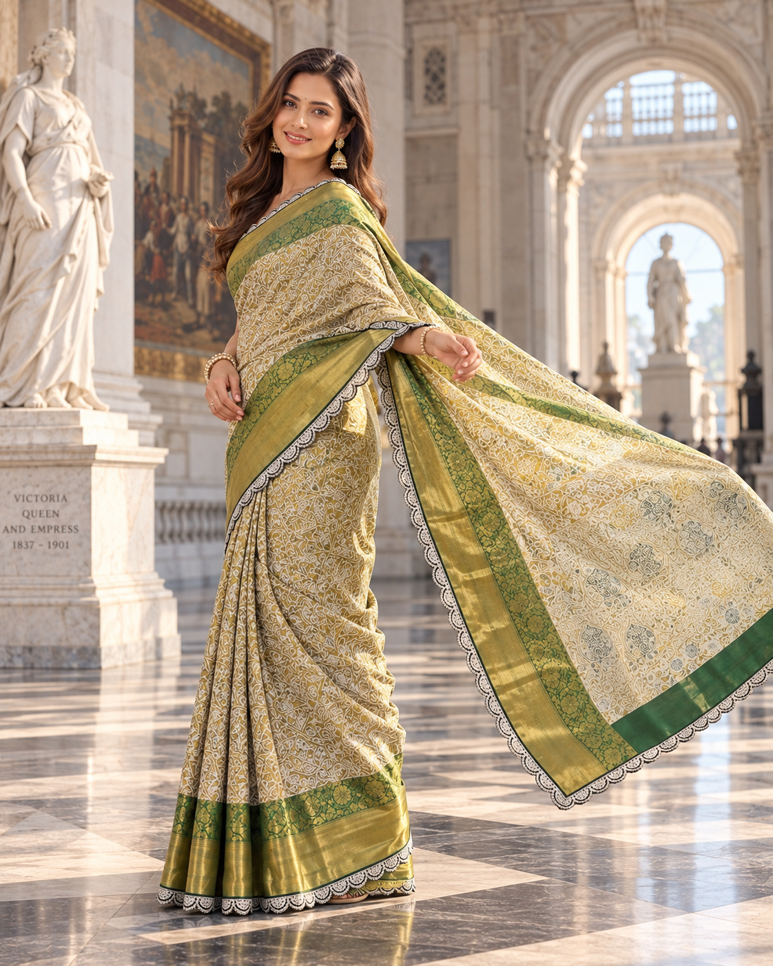 Premium Kanjivaram Pattu Silk Zari Weaving Embroidery Sequence Saree With Unstitched Blouse (Bottle Green)