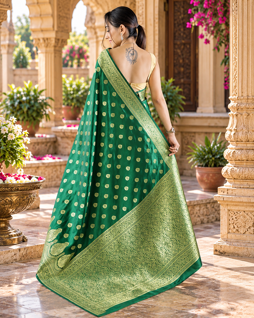 Banarasi Silk Golden Zari Border Work Saree With Unstitched Blouse(Green)
