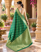 Banarasi Silk Golden Zari Border Work Saree With Unstitched Blouse(Green)