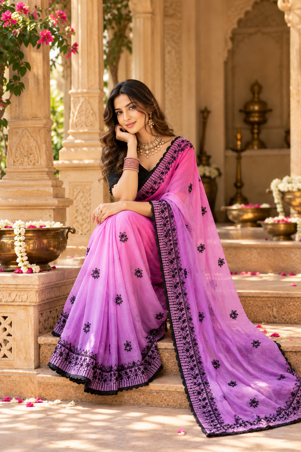 Crush Silk Embroidery Sequin Work Saree With Unstitched Blouse(Purple)