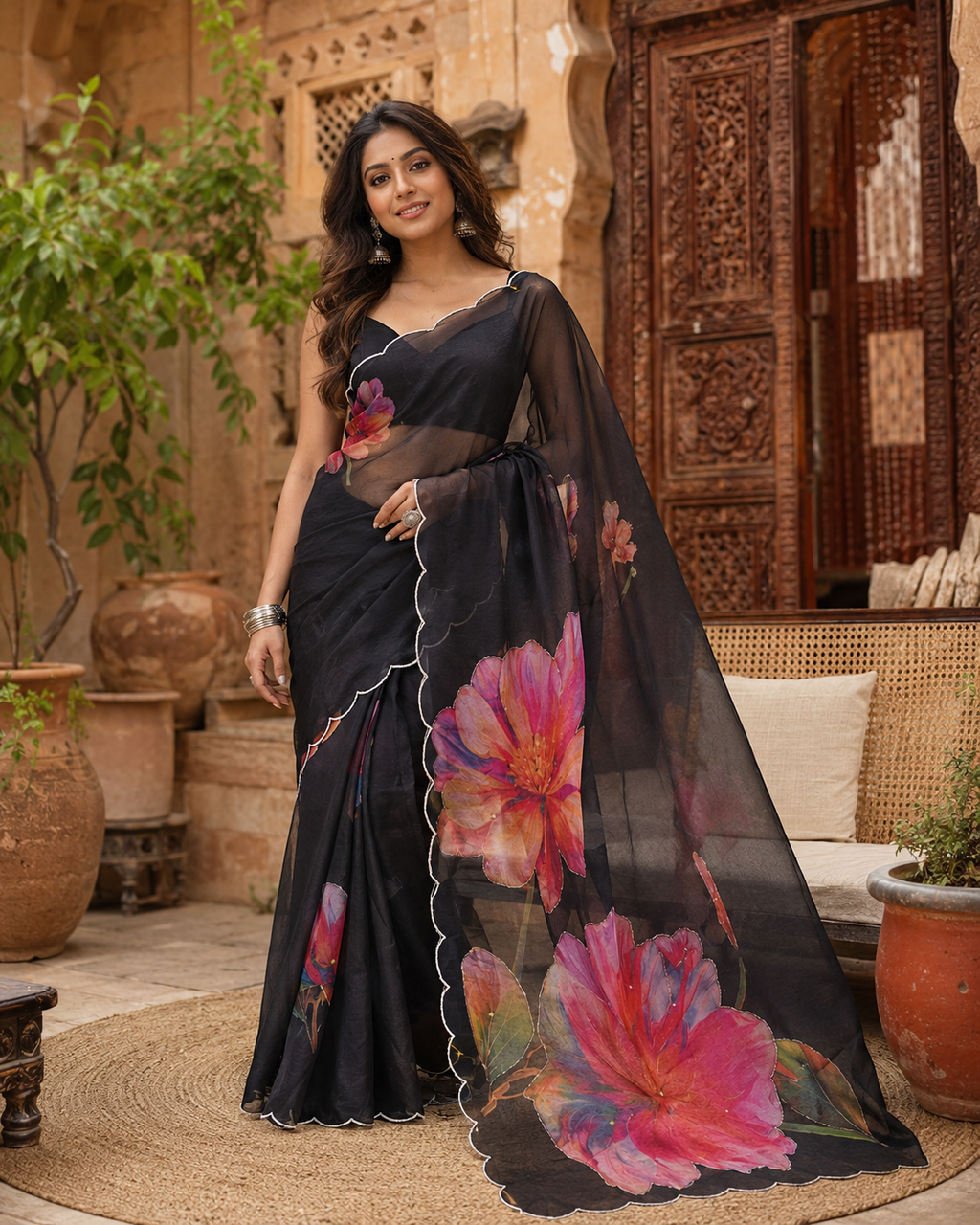 Satin Silk Floral Print Saree With Unstitched Blouse(Black)