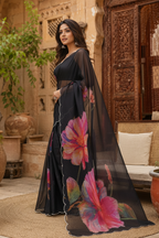 Satin Silk Floral Print Saree With Unstitched Blouse(Black)