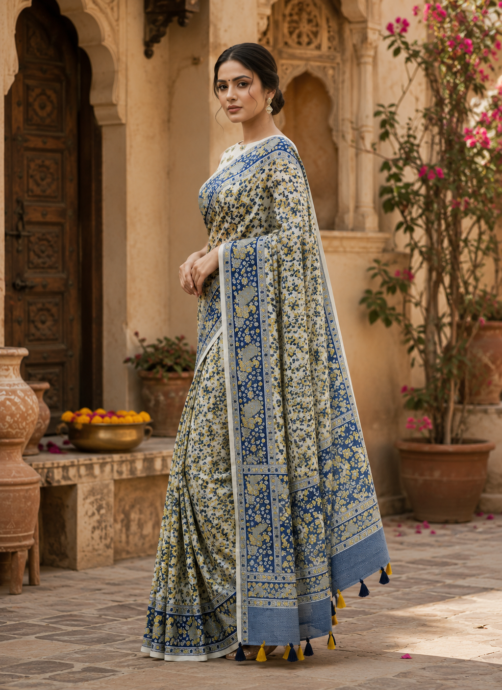 Mulberry Ikat Silk Printed Saree With Unstitched Blouse(Grey)