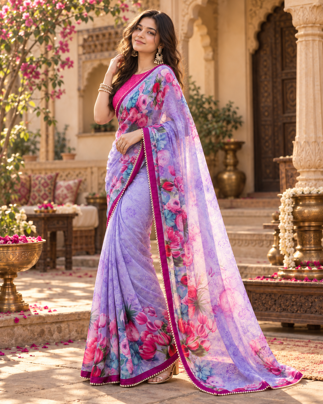 Georgette Digital Printed Saree With Unstitched Blouse(Purple)