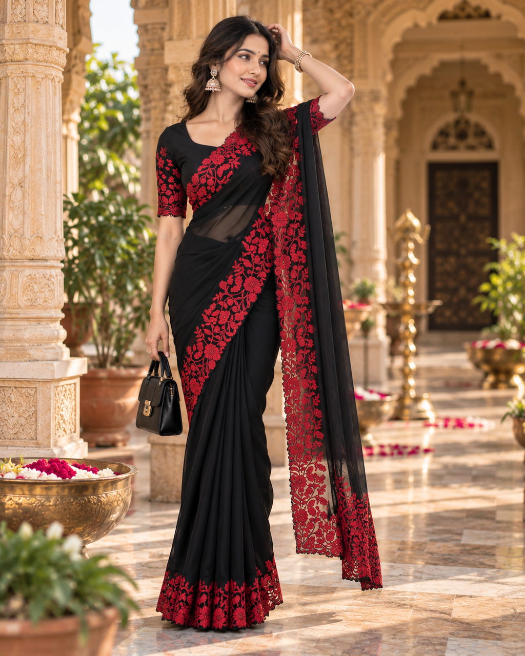 Organza Silk Saree With Unstitched Blouse(Black)