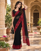 Organza Silk Saree With Unstitched Blouse(Black)
