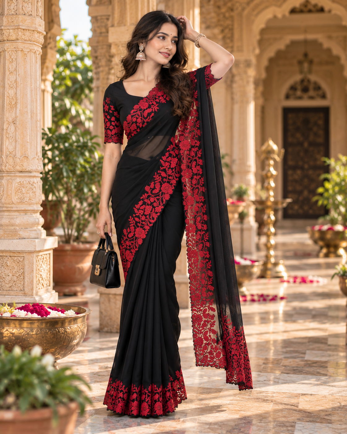 Organza Silk Saree With Unstitched Blouse(Black)